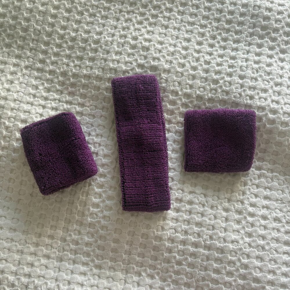 80s Purple Retro Sporty Sweat Wristband & Headband Workout Costume Accessory Set